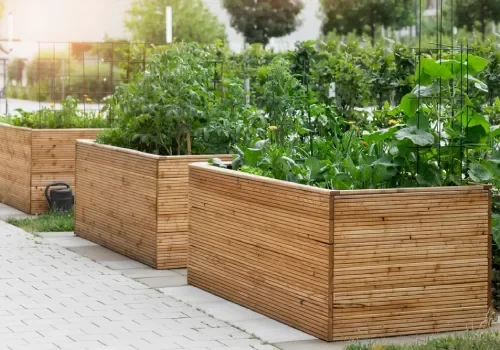 New garden beds with soil, weedmat, plants and decorative pebbles for a residential landscape