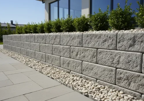 Concrete sleeper retaining wall built to support a landscaped front yard