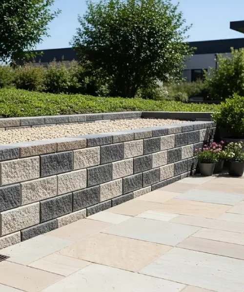 Retaining wall helping manage sloped ground in a residential outdoor space