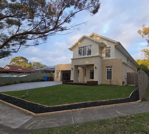 New home landscaping with turf, garden beds and outdoor finishes for a newly built home
